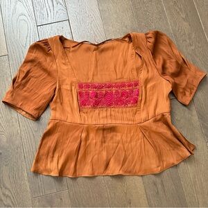 Free People Rust Blouse with Pink Embroidery